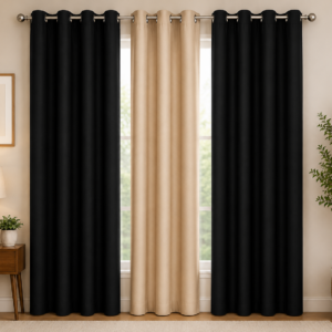 APSAIM 213.5 cm (7 ft) Long Door Polyester Room Darkening Curtain for Living Room & Bedroom (Pack of 3, Black & Beige)