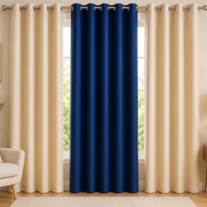 APSAIM 213.5 cm (7 ft) Long Door Polyester Blackout Curtains – Pack of 3, Beige & Navy Blue Eyelet Curtains for Living Room, Bedroom & Home Décor