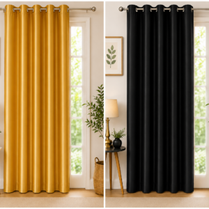 APSAIM 213.5 cm (7 ft) Long Door Polyester Room Darkening Curtains (Pack of 2, Golden & Black, Eyelet Design)