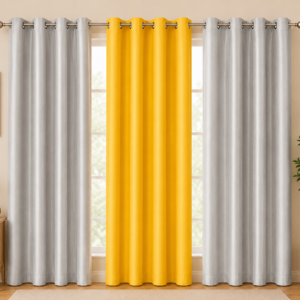 APSAIM 213.5 cm (7 ft) Long Door Polyester Blackout Curtain for Living Room & Bedroom – Silver & Yellow Eyelet Curtains (Pack of 3)