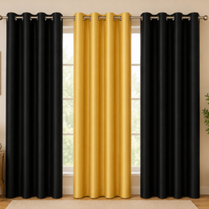 APSAIM 213.5 cm (7 ft) Long Door Polyester Blackout Curtains – Black & Golden Solid Eyelet Curtains for Living Room & Bedroom (Pack of 3)