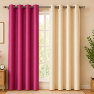 APSAIM 213.5 cm (7 ft) Long Door Polyester Room Darkening Curtains (Pack of 2, Dark Pink & Beige, Eyelet Design)