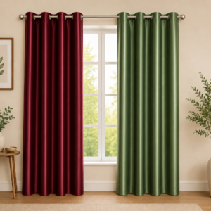 APSAIM 274.5 cm (9 ft) Long Door Polyester Room Darkening Curtains – Maroon & Green | Solid Design | Pack of 2