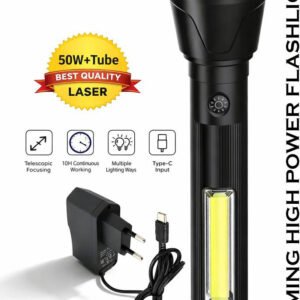 APSAIM Zoomable 50W Long Range LED Torch – 3 Modes + COB Side Light, Rechargeable Emergency Flashlight with Type-C Charging