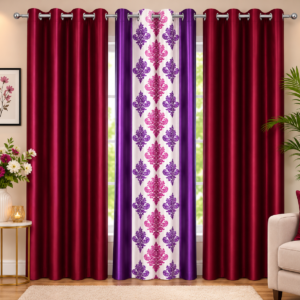 APSAIM Polyester Room Darkening Curtain (Pack of 3) – Maroon & Purple Floral Design with Eyelet Rings | Elegant Window, Door & Long Door Curtains for Living Room, Bedroom & Home Décor