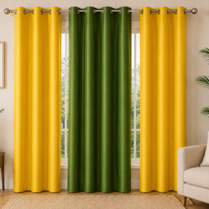 APSAIM Polyester Semi-Transparent Curtain (Pack of 3) – Golden Yellow & Olive Green Solid Design | Eyelet Window, Door & Long Door Curtains for Living Room, Bedroom & Balcony