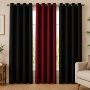APSAIM Premium Polyester Room Darkening Curtains – Black & Maroon Designer Curtains (Pack of 3)