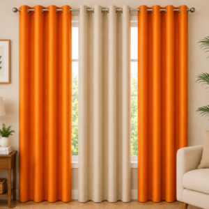 APSAIM Premium Polyester Room Darkening Curtains – Orange & Cream Designer Curtains (Pack of 3)