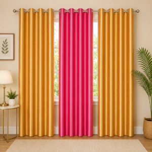APSAIM Luxury Mustard Gold & Pink Polyester Room Darkening Eyelet Curtains for Living Room, Bedroom & Home Décor – Premium Designer Window Curtains (Pack of 3)