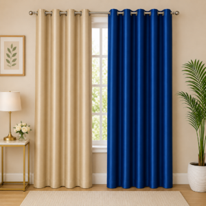 APSAIM Premium Polyester Room Darkening Eyelet Curtain Set – Elegant Dual Color Beige & Royal Blue Window Curtains (Pack of 2) | Light Blocking | Soft & Durable Fabric | Modern Home Décor Curtains for Living Room, Bedroom & Office
