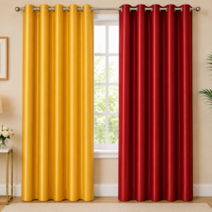 APSAIM Premium Polyester Room Darkening Eyelet Curtains – Vibrant Mustard Yellow & Ruby Red Designer Window Drapes for Living Room, Bedroom, Office & Modern Home Décor (Pack of 2)