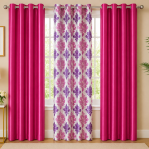 APSAIM Premium Polyester Room Darkening Eyelet Curtains – Elegant Pink Solid & Floral Printed Designer Window Curtains for Living Room, Bedroom, Kids Room & Home Décor (Pack of 3)