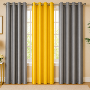 APSAIM Premium Polyester Room Darkening Eyelet Curtains – Modern Grey & Mustard Yellow Triple Panel Designer Window Curtains for Living Room, Bedroom, Hall, Office & Home Décor (Pack of 3)