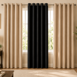 APSAIM Premium Polyester Room Darkening Eyelet Curtains – Elegant Beige & Black Triple Panel Designer Window Curtains for Living Room, Bedroom, Hall, Office & Luxury Home Décor (Pack of 3)