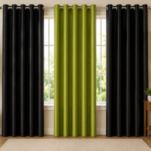 APSAIM Premium Polyester Room Darkening Eyelet Curtains – Elegant Black & Olive Green Triple Panel Designer Window Curtains for Living Room, Bedroom, Hall, Office & Modern Home Décor (Pack of 3)