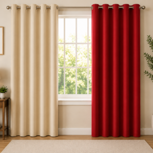 APSAIM Premium Polyester Room Darkening Eyelet Curtains – Elegant Cream & Ruby Red Designer Window Drapes for Living Room, Bedroom, Office & Modern Home Décor (Pack of 2)