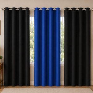 APSAIM Premium Polyester Room Darkening Eyelet Curtains – Royal Blue & Jet Black Triple Panel Designer Window Curtains for Living Room, Bedroom, Hall, Office & Modern Home Décor (Pack of 3)