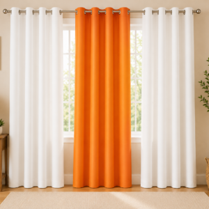 APSAIM Premium Polyester Room Darkening Eyelet Curtains – Elegant White & Vibrant Orange Triple Panel Window Curtains for Living Room, Bedroom, Hall & Home Décor (Pack of 3)