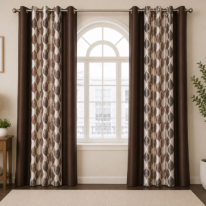 APSAIM Premium Polyester Room Darkening Designer Leaf Print Curtains – Elegant Brown Floral Pattern Eyelet Window Curtains for Living Room, Bedroom, Hall & Home Décor (Pack of 2)