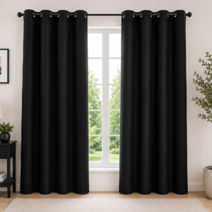 APSAIM Premium Polyester Room Darkening Blackout Eyelet Curtains – Elegant Solid Black Window Curtains for Living Room, Bedroom, Office & Modern Home Décor (Pack of 2)