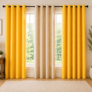 APSAIM Premium Polyester Room Darkening Eyelet Curtains – Yellow & Beige Solid Window Curtains for Living Room, Bedroom, Hall & Office (Pack of 3)