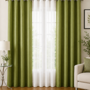APSAIM Premium Olive Green & White Polyester Room Darkening Eyelet Curtains for Living Room, Bedroom, Hall & Office – Elegant Solid Window Curtains (Pack of 3)