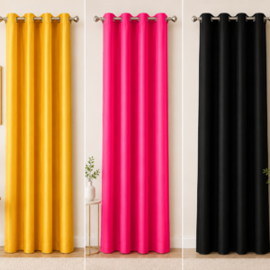 APSAIM Premium Tricolor Polyester Room Darkening Eyelet Curtains – Yellow, Pink & Black Solid Window Curtains for Living Room, Bedroom, Hall & Home Décor (Pack of 3)