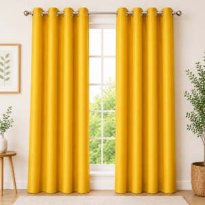 APSAIM Premium Mustard Yellow Polyester Room Darkening Eyelet Curtains for Living Room, Bedroom, Hall & Office – Elegant Solid Window Curtains (Pack of 2)