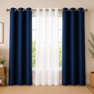 APSAIM Premium Navy Blue & White Polyester Room Darkening Eyelet Curtains for Living Room, Bedroom, Hall & Office – Elegant 3-Piece Window Curtain Set (Pack of 3)