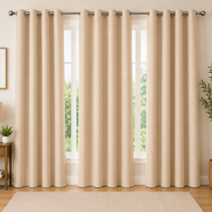 APSAIM Premium Beige Polyester Room Darkening Eyelet Curtains for Living Room, Bedroom, Hall & Office – Elegant Solid Window Curtains (Pack of 3)