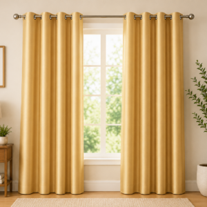 APSAIM Luxury Gold Polyester Room Darkening Eyelet Curtains for Living Room, Bedroom & Office – Premium Solid Window Curtains (Pack of 2)