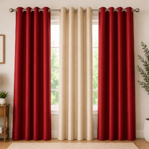 APSAIM Premium Red & Beige Polyester Room Darkening Eyelet Curtains for Living Room, Bedroom & Home Décor – Elegant Triple Panel Window Curtains (Pack of 3)