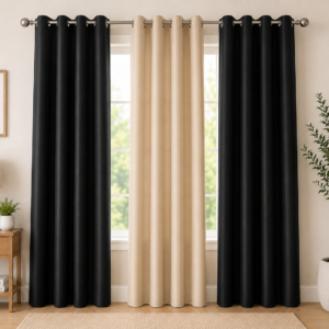 APSAIM Premium Black & Beige Polyester Room Darkening Eyelet Curtains for Living Room, Bedroom & Office – Elegant Dual-Tone Window Curtains (Pack of 3)
