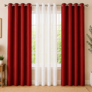 APSAIM Premium Red & White Polyester Room Darkening Eyelet Curtains for Living Room, Bedroom & Home Décor – Elegant Solid Window Curtains (Pack of 3)