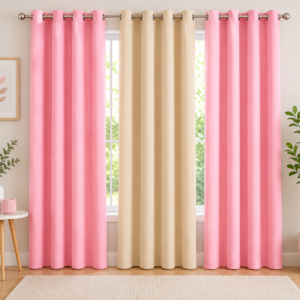 APSAIM Premium Pink & Beige Polyester Room Darkening Eyelet Curtains for Living Room, Bedroom & Home Décor – Elegant Solid Window Curtains (Pack of 3)