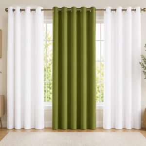 APSAIM Premium Olive Green & White Polyester Room Darkening Eyelet Curtains for Living Room, Bedroom & Home Décor – Elegant Dual-Tone Window Curtains (Pack of 3)