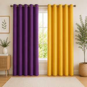APSAIM Premium Dual Color Purple & Mustard Yellow Polyester Room Darkening Eyelet Curtains for Living Room, Bedroom & Home Décor – Elegant Modern Window Curtains (Pack of 2)