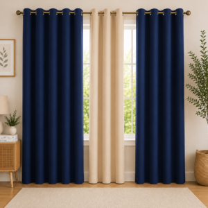 APSAIM Premium Dual Color Navy Blue & Beige Polyester Room Darkening Eyelet Curtains for Living Room, Bedroom & Home Décor – Elegant Modern Window Curtains (Pack of 3)