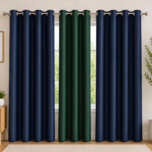 APSAIM Premium Navy Blue & Forest Green Polyester Room Darkening Eyelet Curtains for Living Room, Bedroom & Home Décor – Elegant Triple Panel Window Curtains (Pack of 3)