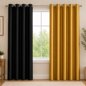 APSAIM Premium Black & Golden Yellow Polyester Room Darkening Eyelet Curtains for Living Room, Bedroom & Home Décor – Luxury Dual Color Window Curtains (Pack of 2)
