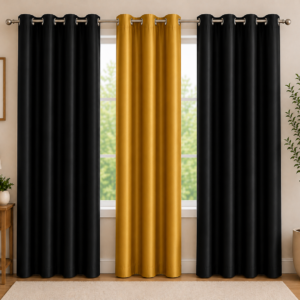 APSAIM Premium Black & Golden Yellow Polyester Room Darkening Eyelet Curtains for Living Room, Bedroom & Home Décor – Luxury Triple Panel Window Curtains (Pack of 3)