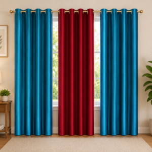 APSAIM Premium Blue & Maroon Polyester Room Darkening Window Curtains for Living Room, Bedroom & Home Décor – Luxury Triple Panel Eyelet Curtains (Pack of 3)