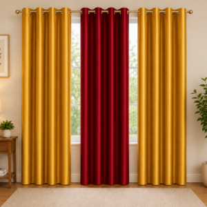 APSAIM Premium Golden & Red Polyester Room Darkening Window Curtains for Living Room, Bedroom & Home Décor – Luxury Triple Panel Eyelet Curtains (Pack of 3)