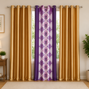 APSAIM Premium Golden & Purple Designer Polyester Room Darkening Window Curtains for Living Room, Bedroom & Home Décor – Luxury Printed Eyelet Curtains, Elegant Modern Interior Drapes (Pack of 3)