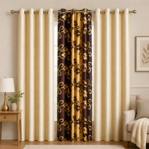 APSAIM Premium Cream & Brown Floral Designer Polyester Room Darkening Window Curtains for Living Room, Bedroom & Home Décor – Luxury Printed Eyelet Curtains, Elegant Modern Interior Drapes (Pack of 3)