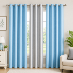 APSAIM Premium Sky Blue & Silver Grey Polyester Room Darkening Window Curtains for Living Room, Bedroom & Home Décor – Luxury Solid Eyelet Curtains, Modern Elegant Interior Drapes (Pack of 3)