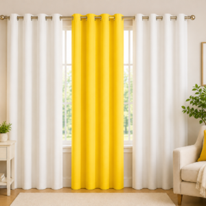 APSAIM Premium White & Sunshine Yellow Polyester Room Darkening Window Curtains for Living Room, Bedroom & Home Décor – Luxury Solid Eyelet Curtains, Modern Elegant Interior Drapes (Pack of 3)