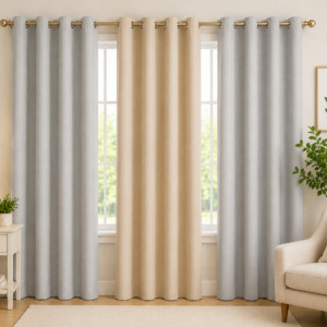 APSAIM Premium Silver Grey & Beige Polyester Room Darkening Window Curtains for Living Room, Bedroom & Home Décor – Elegant Solid Eyelet Curtains, Luxury Light Filtering Drapes (Pack of 3)