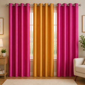 APSAIM Premium Pink & Golden Polyester Room Darkening Curtains for Living Room, Bedroom & Home Décor – Elegant Solid Color Window Drapes with Eyelet Rings, Light Blocking & Privacy Enhancing Curtains (Pack of 3)