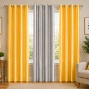 APSAIM Premium Yellow & Silver Polyester Room Darkening Curtains for Living Room, Bedroom & Home Décor – Elegant Eyelet Window Drapes, Light Filtering, Privacy Enhancing & Thermal Insulated Curtains (Pack of 3)